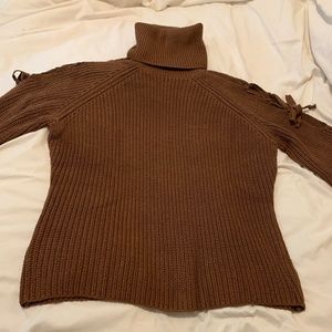 Brown Cold Shoulder criss cross tie Sweater